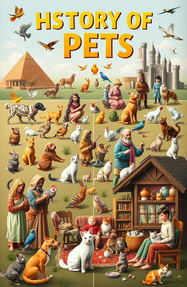 A vivid and engaging visual representation of the history of pets, showcasing various pets throughout different eras