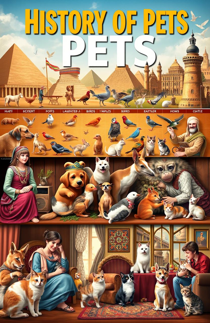 A vivid and engaging visual representation of the history of pets, showcasing various pets throughout different eras