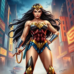 A realistic illustration of Wonder Woman in a powerful pose, showcasing her iconic costume and large, impressive physique