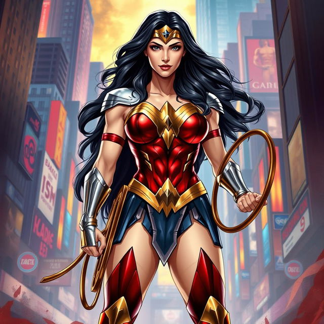 A realistic illustration of Wonder Woman in a powerful pose, showcasing her iconic costume and large, impressive physique