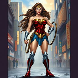 A realistic illustration of Wonder Woman in a powerful pose, showcasing her iconic costume and large, impressive physique
