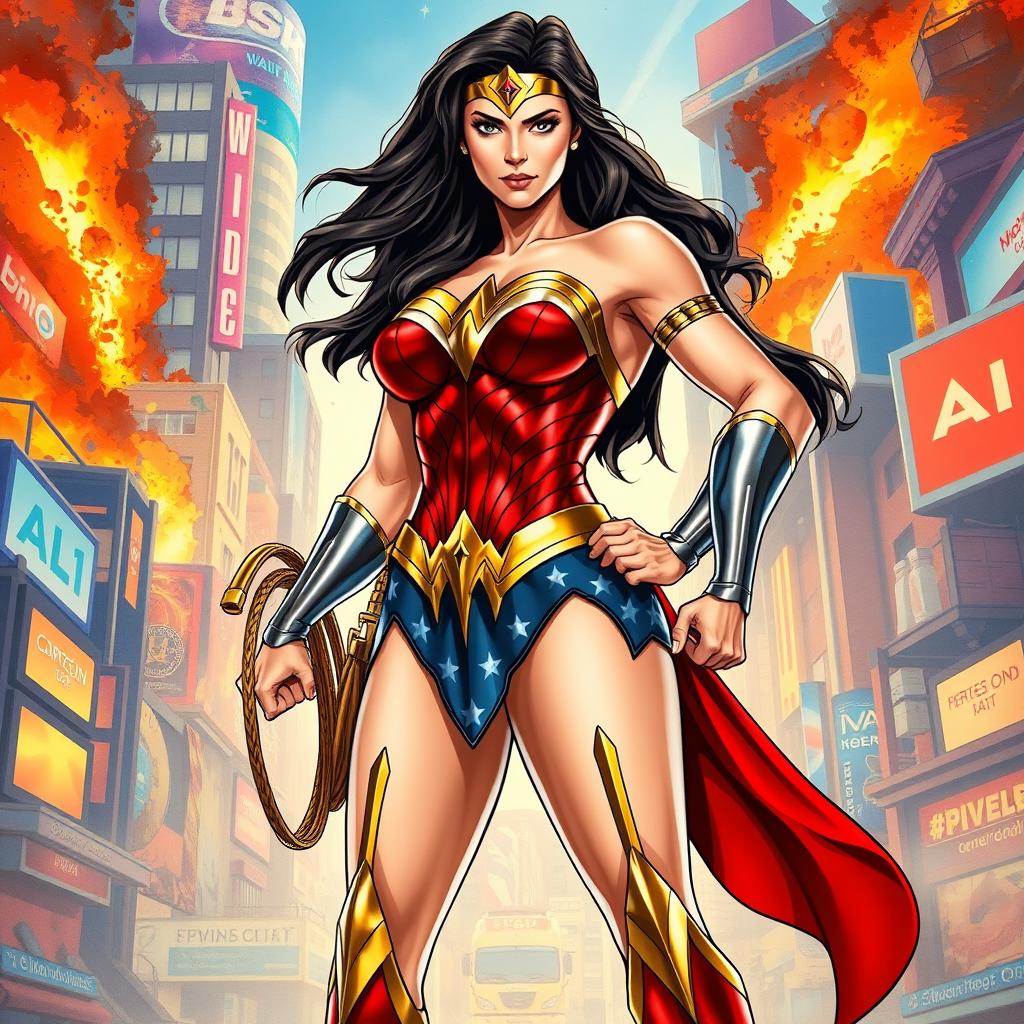 A realistic illustration of Wonder Woman in a powerful pose, showcasing her iconic costume and large, impressive physique