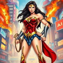 A realistic illustration of Wonder Woman in a powerful pose, showcasing her iconic costume and large, impressive physique