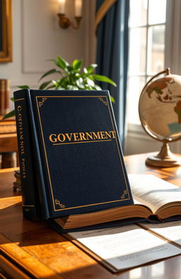 A government book displayed on a wooden desk, featuring a rich navy blue cover with gold embossed lettering