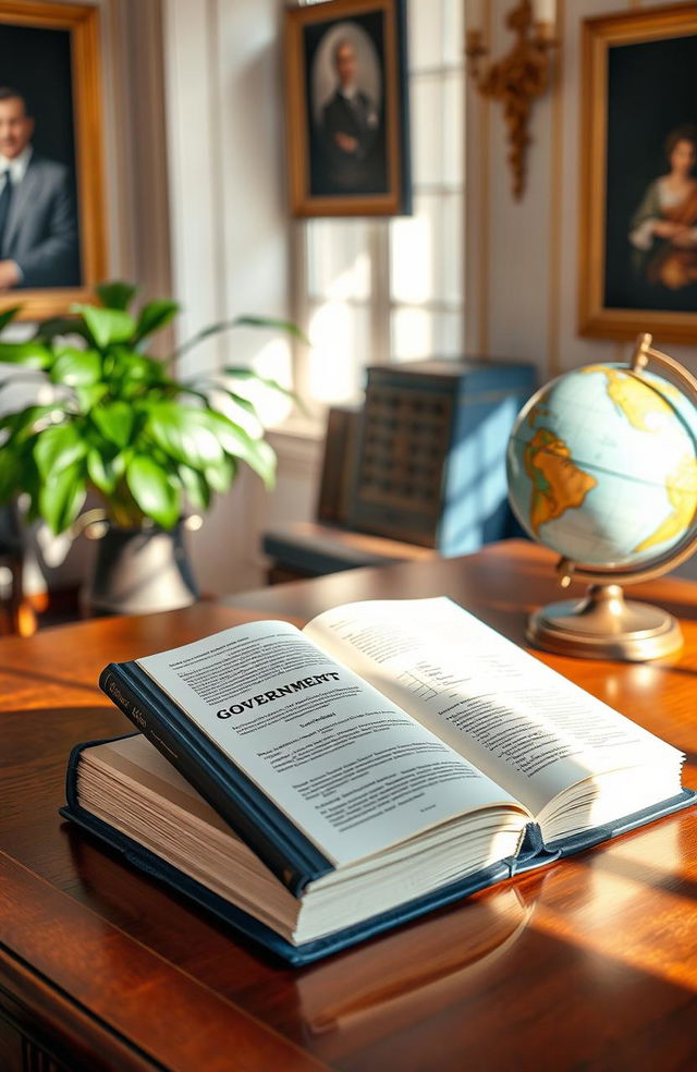 A government book displayed on a wooden desk, featuring a rich navy blue cover with gold embossed lettering