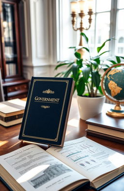 A government book displayed on a wooden desk, featuring a rich navy blue cover with gold embossed lettering