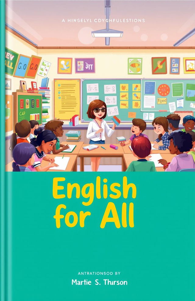 A beautifully illustrated book cover design for 'English for All', depicting a vibrant classroom setting filled with diverse students engaging in learning