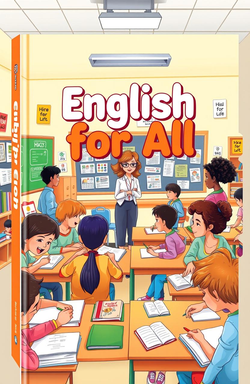 A beautifully illustrated book cover design for 'English for All', depicting a vibrant classroom setting filled with diverse students engaging in learning