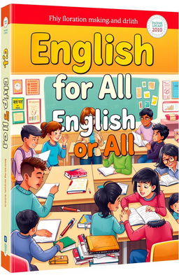 A beautifully illustrated book cover design for 'English for All', depicting a vibrant classroom setting filled with diverse students engaging in learning