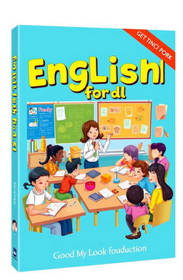 A beautifully illustrated book cover design for 'English for All', depicting a vibrant classroom setting filled with diverse students engaging in learning