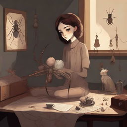 A high-quality digital art piece featuring a 26-year-old arachnid girl teratect, a traveler and collector with four spider legs, situated in a large, dark room