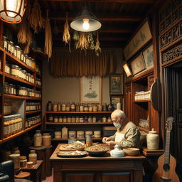 A charming vintage Chinese toko obat (traditional herbal medicine shop) interior, located in Guilin, China