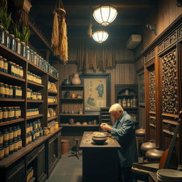 A charming vintage Chinese toko obat (traditional herbal medicine shop) interior, located in Guilin, China