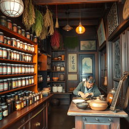 A charming vintage Chinese toko obat (traditional herbal medicine shop) interior, located in Guilin, China