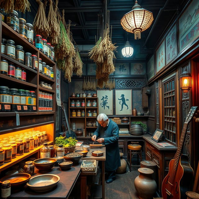 A charming vintage Chinese toko obat (traditional herbal medicine shop) interior, located in Guilin, China