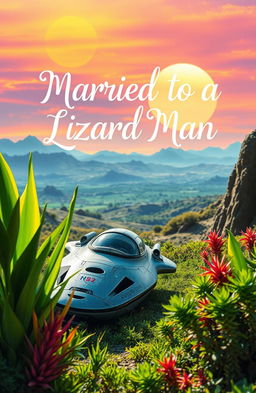 A vibrant sci-fi scene on an alien planet, showcasing lush green vegetation and exotic flora