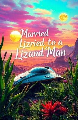 A vibrant sci-fi scene on an alien planet, showcasing lush green vegetation and exotic flora