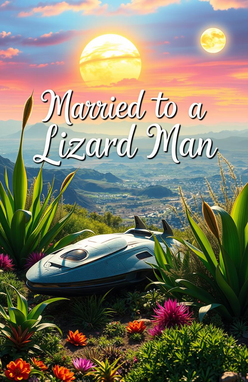 A vibrant sci-fi scene on an alien planet, showcasing lush green vegetation and exotic flora