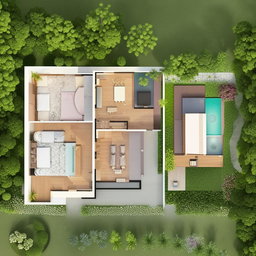 A 9mx15m ground house plan in an L shape, consisting of one living room, four bedrooms and two bathrooms.