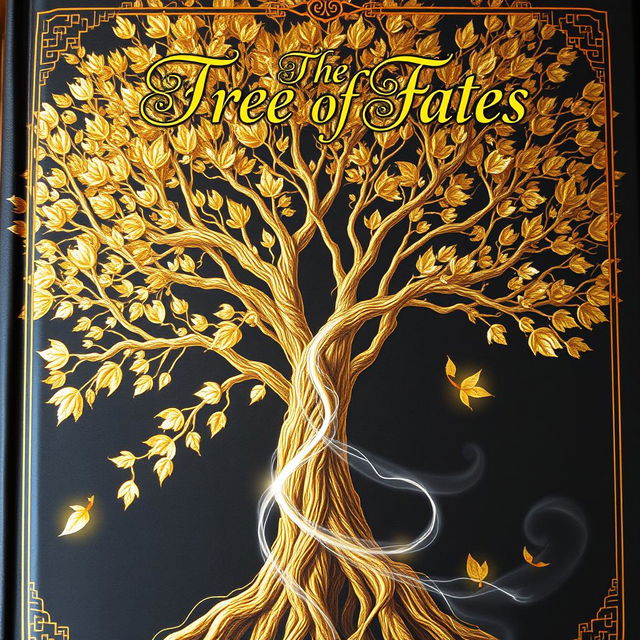 A mystical book cover featuring the title "The Tree of Fates" elegantly written in intricate calligraphy at the top