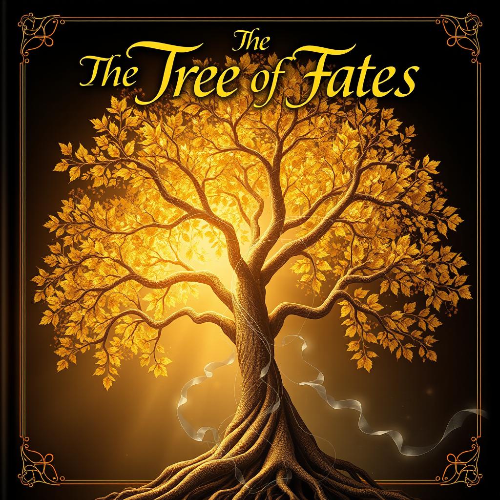 A mystical book cover featuring the title "The Tree of Fates" elegantly written in intricate calligraphy at the top