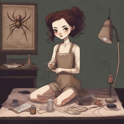 A high-quality digital art piece featuring a 26-year-old arachnid girl teratect, a collector with four spider legs, situated in a large, dark room