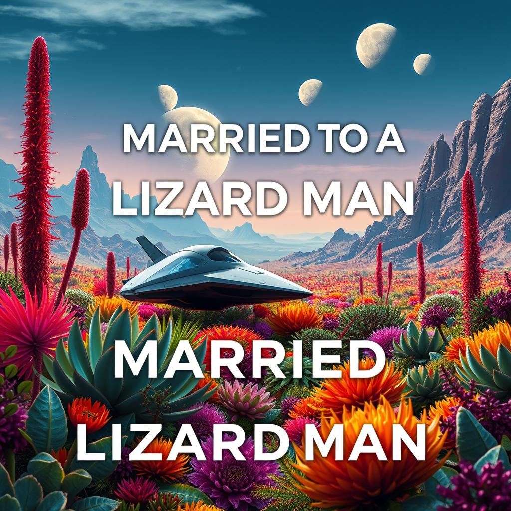 A captivating futuristic book cover set on an alien planet rich with vibrant vegetation and unusual plant life