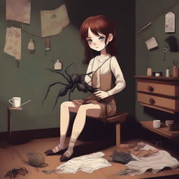 A high-quality digital art piece featuring a 26-year-old arachnid girl teratect, a collector with four spider legs, situated in a large, dark room