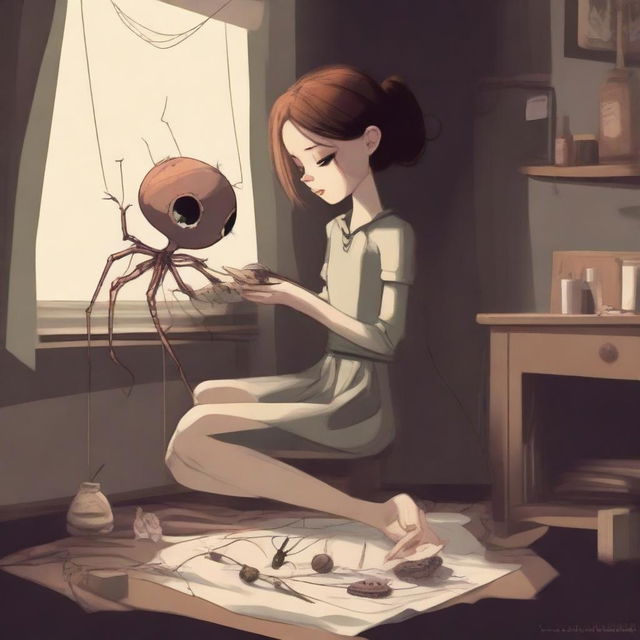 A high-quality digital art piece featuring a 26-year-old arachnid girl teratect, a collector with four spider legs, situated in a large, dark room