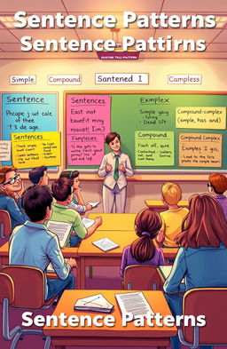 an artistic illustration depicting a variety of sentence patterns in a vibrant classroom setting, featuring diverse students engaged in learning, with colorful charts showing examples of simple, compound, complex, and compound-complex sentences around them, the teacher enthusiastically explaining the concepts, warm lighting enhancing the lively atmosphere