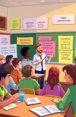 an artistic illustration depicting a variety of sentence patterns in a vibrant classroom setting, featuring diverse students engaged in learning, with colorful charts showing examples of simple, compound, complex, and compound-complex sentences around them, the teacher enthusiastically explaining the concepts, warm lighting enhancing the lively atmosphere