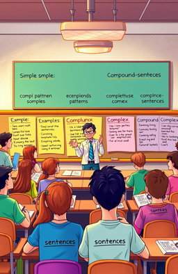 an artistic illustration depicting a variety of sentence patterns in a vibrant classroom setting, featuring diverse students engaged in learning, with colorful charts showing examples of simple, compound, complex, and compound-complex sentences around them, the teacher enthusiastically explaining the concepts, warm lighting enhancing the lively atmosphere