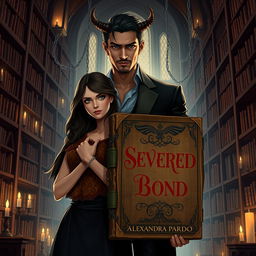 In an illustrative realism style, a mystical library serves as the backdrop, featuring towering shelves filled with ancient books, all illuminated by the soft flickering of candlelight