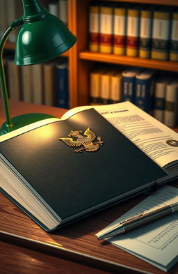 An artistic depiction of a government book featuring a shiny, polished cover, embossed with the national emblem prominently displayed in the center