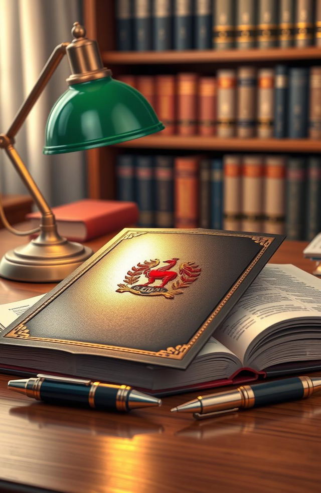 An artistic depiction of a government book featuring a shiny, polished cover, embossed with the national emblem prominently displayed in the center