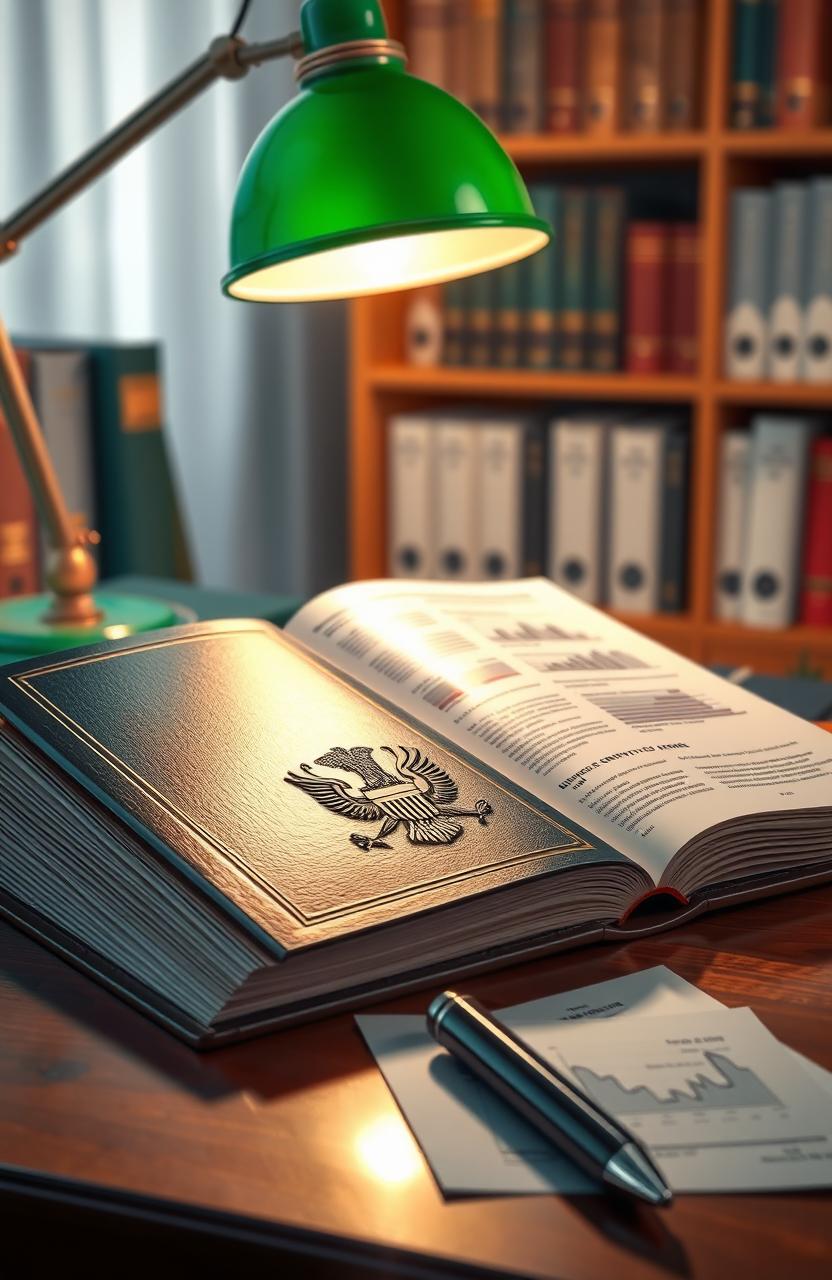 An artistic depiction of a government book featuring a shiny, polished cover, embossed with the national emblem prominently displayed in the center