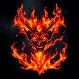 A dramatic and visually striking depiction of a fiery devil, with flames emanating from both the top and bottom