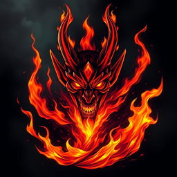 A dramatic and visually striking depiction of a fiery devil, with flames emanating from both the top and bottom