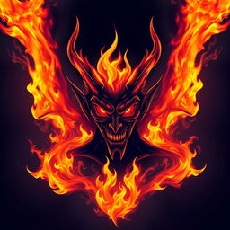 A dramatic and visually striking depiction of a fiery devil, with flames emanating from both the top and bottom