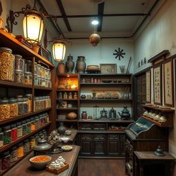 A charming vintage Chinese herbal shop interior located in Guilin, featuring traditional wooden shelves stocked with jars of colorful herbs and dried flowers