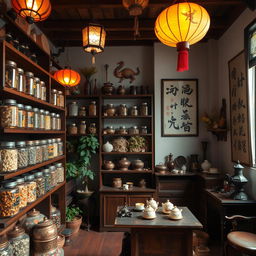 A charming vintage Chinese herbal shop interior located in Guilin, featuring traditional wooden shelves stocked with jars of colorful herbs and dried flowers