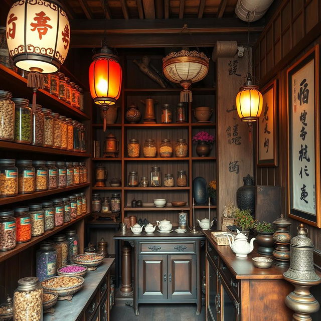 A charming vintage Chinese herbal shop interior located in Guilin, featuring traditional wooden shelves stocked with jars of colorful herbs and dried flowers