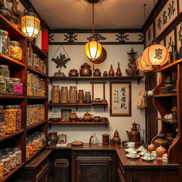 A charming vintage Chinese herbal shop interior located in Guilin, featuring traditional wooden shelves stocked with jars of colorful herbs and dried flowers