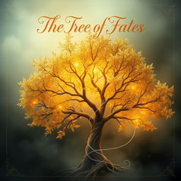 A mystical book cover design featuring the title "The Tree of Fates" elegantly written in beautiful calligraphy at the top