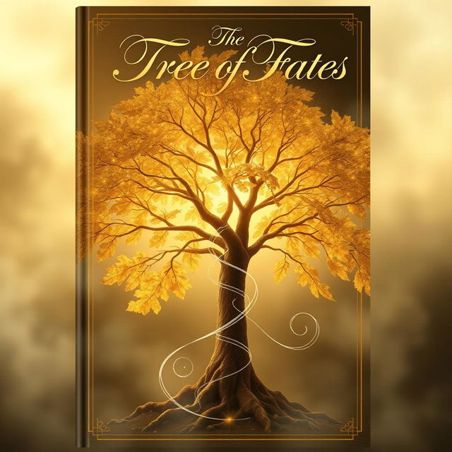 A mystical book cover design featuring the title "The Tree of Fates" elegantly written in beautiful calligraphy at the top