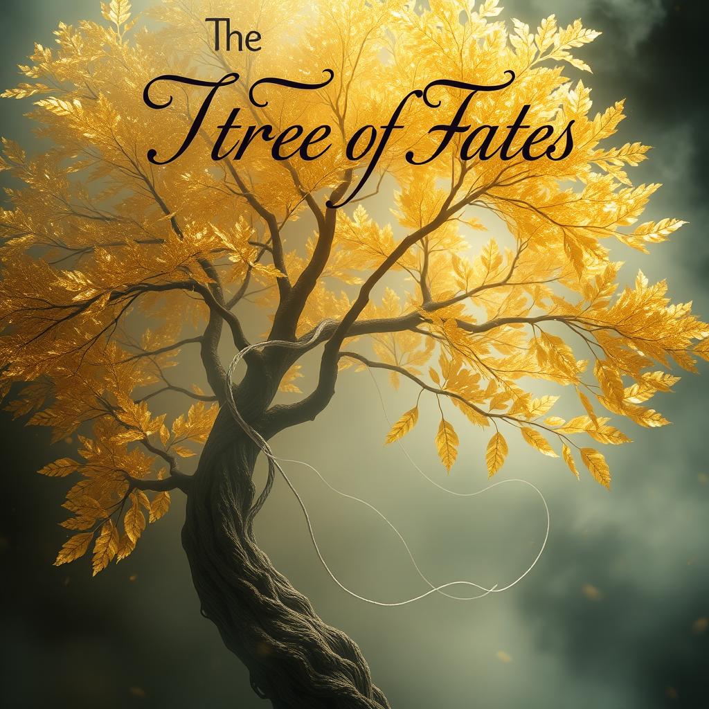 A mystical book cover design featuring the title "The Tree of Fates" elegantly written in beautiful calligraphy at the top