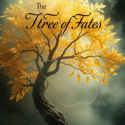 A mystical book cover design featuring the title "The Tree of Fates" elegantly written in beautiful calligraphy at the top