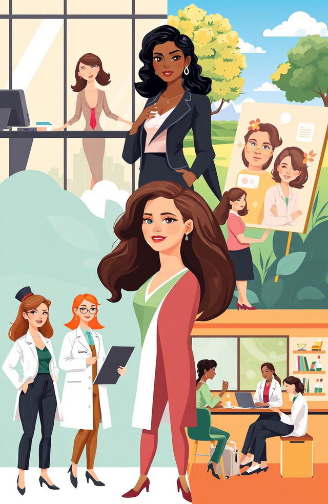 A vibrant and diverse illustration of modern women in various roles within society, showcasing their empowerment and contributions