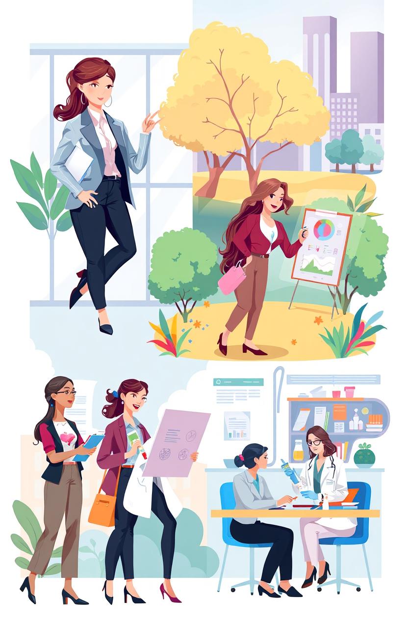 A vibrant and diverse illustration of modern women in various roles within society, showcasing their empowerment and contributions