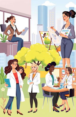 A vibrant and diverse illustration of modern women in various roles within society, showcasing their empowerment and contributions